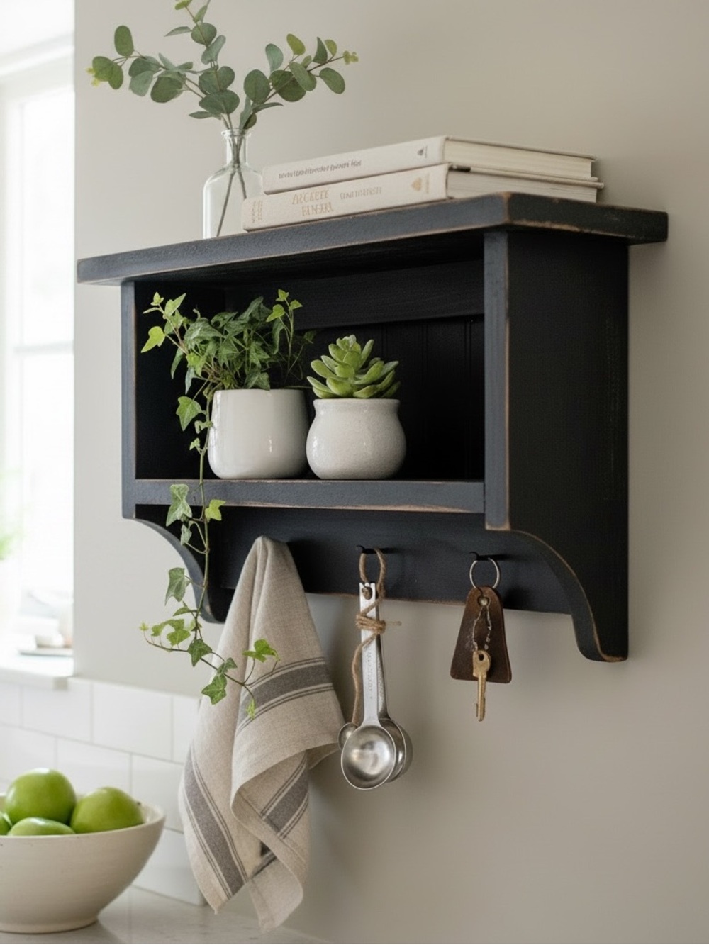 Vintage Wood Hanging Wall Display Shelf Black Farmhouse Cottage 3 Metal Pegs